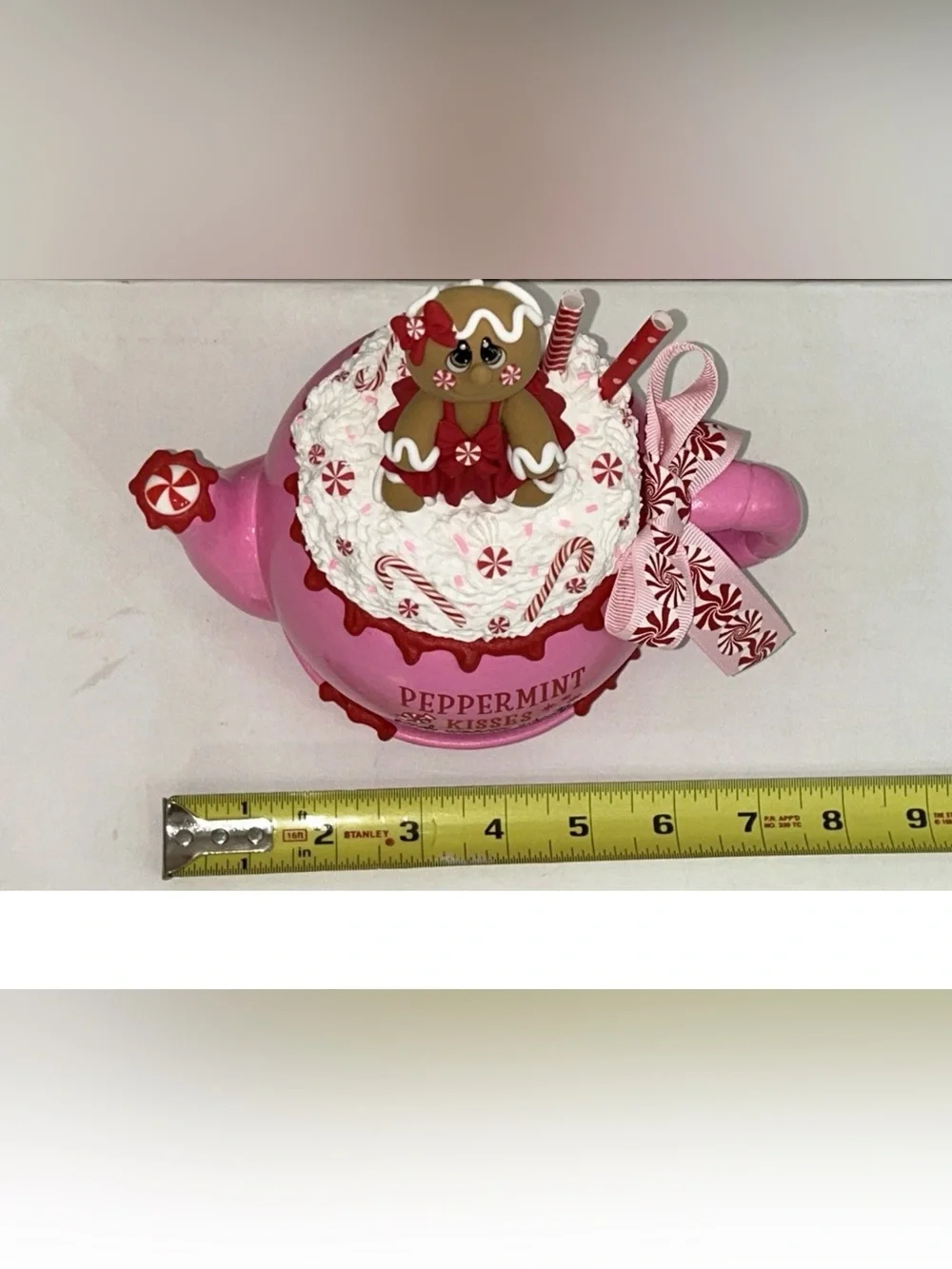 Peppermint Kisses Warm Winter Wishes Fake Gingerbread Dessert Teapot Handmade